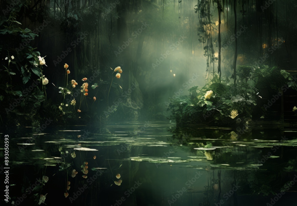Dark Green Serenity: Floral Patterns and Waterfall in Abstract Dark Green Serenity: Floral Patterns and Waterfall in Abstract