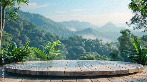 Surreal wood podium with tropical forest plant blur blue sky montains landscape nature backgroundProduct present natural placement pedestal minimal displaysummer paradise dreamy concep : Generative AI photo