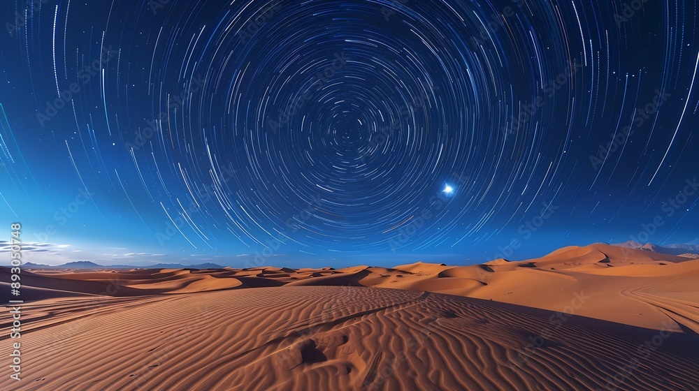Naklejka premium Star trail over the sand dunes of rub al khali desert oman middle east : Generative AI