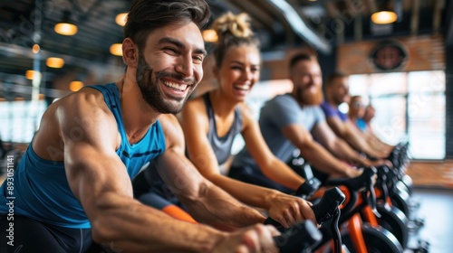 people smiling happily while exercising on a stationary bike in the gym