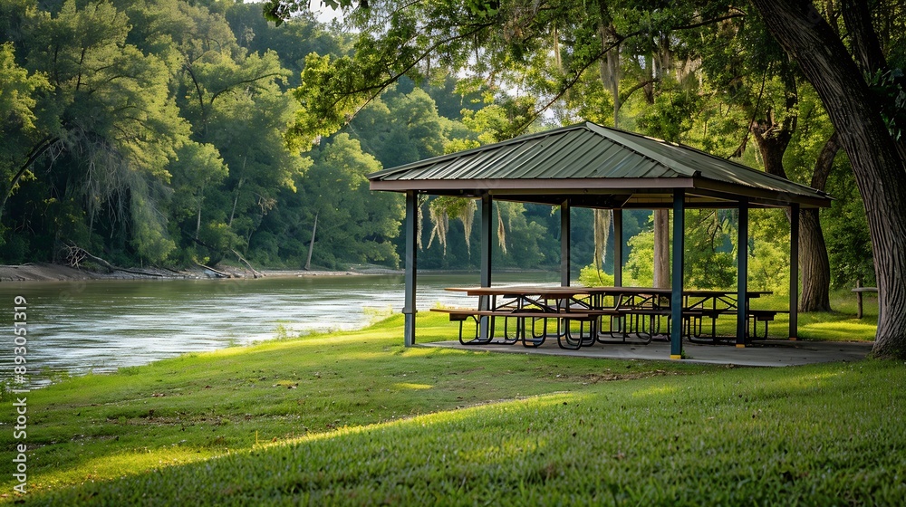 Picnic tables with a shelter and metal cover The park campsite is near a river with tree covered hills lush green grass and riverbanks There are empty benches and a fishing pier along : Generative AI Picnic tables with a shelter and metal cover The park campsite is near a river with tree covered hills lush green grass and riverbanks There are empty benches and a fishing pier along : Generative AI