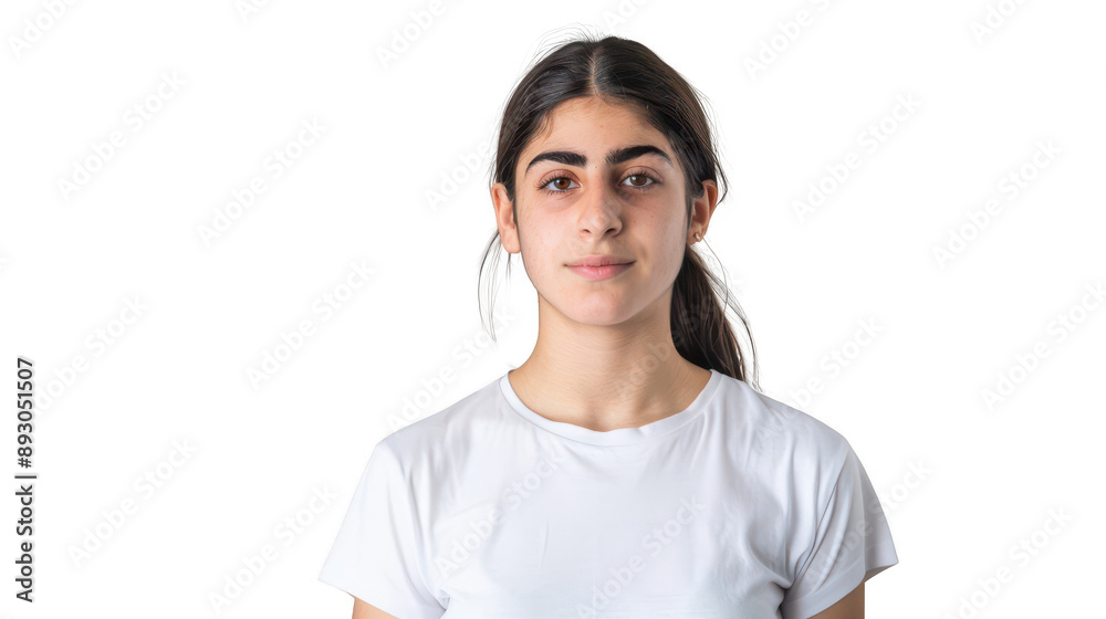 Half body portrait of a determined Syrian refugee student in her 20s in a white T-shirt Half body portrait of a determined Syrian refugee student in her 20s in a white T-shirt