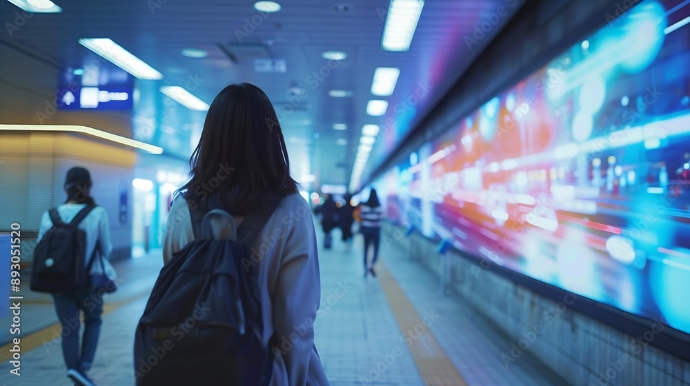 Group of people walking in public bridged walkway in station with blurred colorful digital signage advertisement board on passage in modern city at daylight : Generative AI Group of people walking in public bridged walkway in station with blurred colorful digital signage advertisement board on passage in modern city at daylight : Generative AI