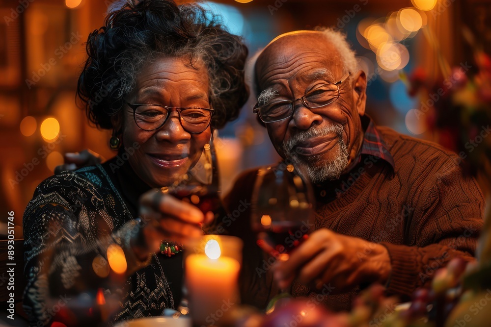 Obraz premium Loving Senior Couple Celebrating Anniversary with Intimate Home Dinner Date