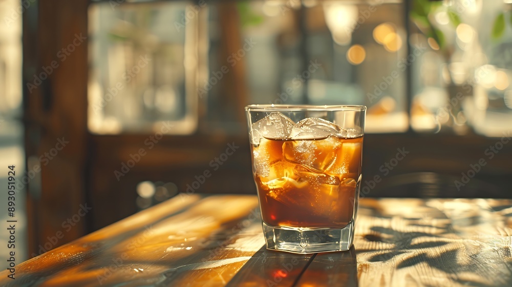 Iced coffee with ice cubes in a glass on the table : Generative AI Iced coffee with ice cubes in a glass on the table : Generative AI