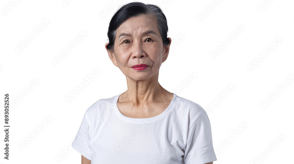 Half body portrait of a focused Vietnamese calligrapher in her 50s in a white T-shirt Half body portrait of a focused Vietnamese calligrapher in her 50s in a white T-shirt