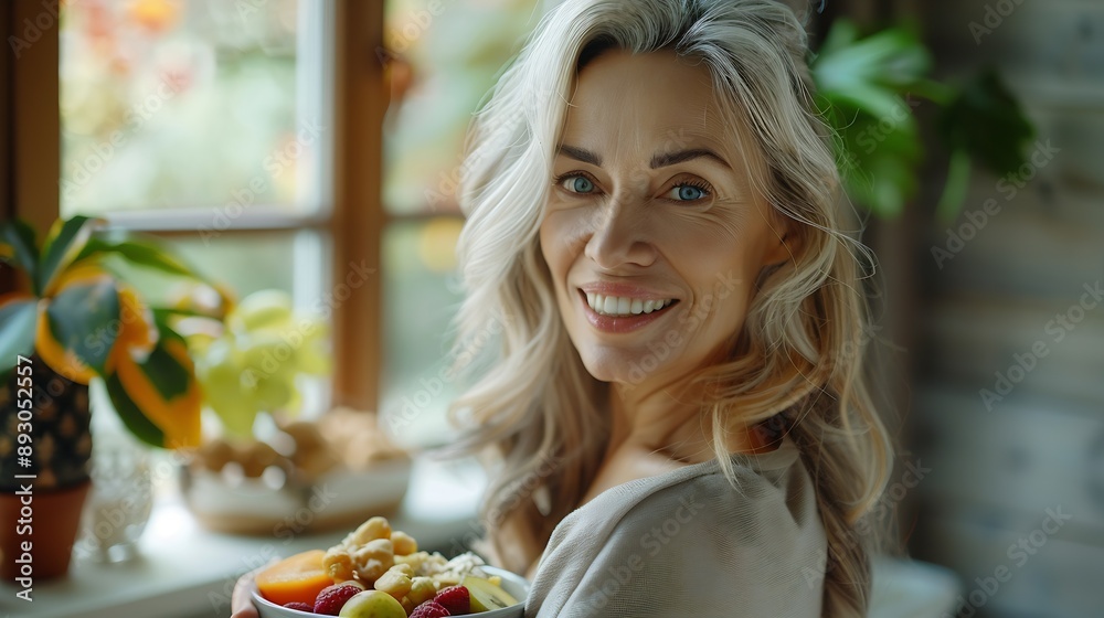 Shot of beautiful mature woman eating cereals and fruits while standing ...
