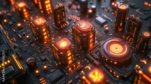 A Close up of a Circuit Board With Glowing Red and Orange Lights on It - Generative AI