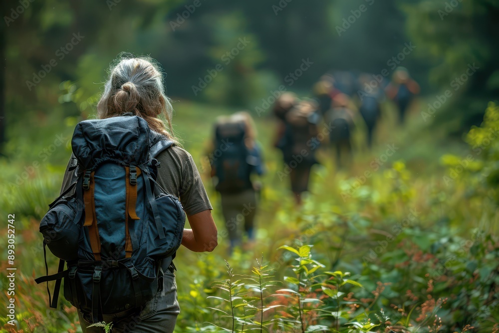 Naklejka premium Active Senior Woman Hiking with Group, Embracing Companionship and Challenges