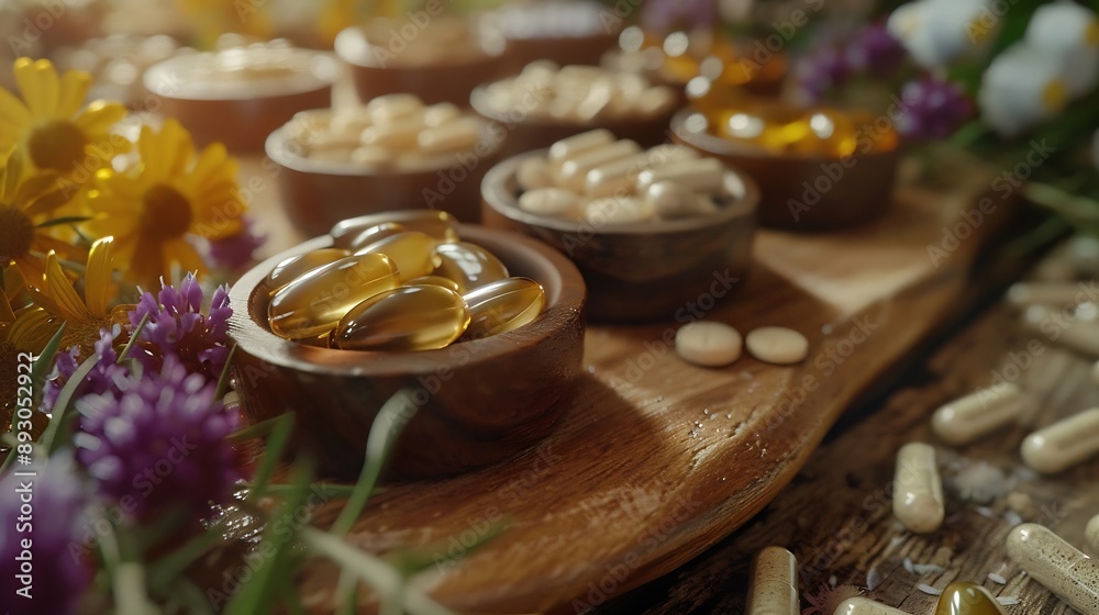 Different pills herbs and flowers on wooden table closeup Dietary supplements : Generative AI