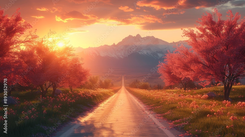 Naklejka premium A View of a Country Road With Flowers in the Foreground and Mountains in the Background - Generative AI