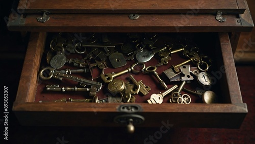  A half-open drawer revealing mysterious objects like keys, old photos