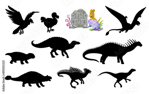 Dinosaur silhouettes, vector set of isolated black shadows of pegomastax, saichania, lystrosaurus and hypsilophodon. Dimorphodon, anatotitan, dicraeosaurus and dodo bird with argentavis dino animals