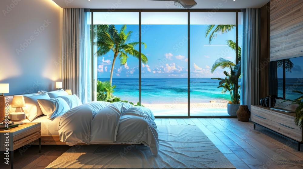 Hotel room interior with king size bed with beach view Hotel room interior with king size bed with beach view