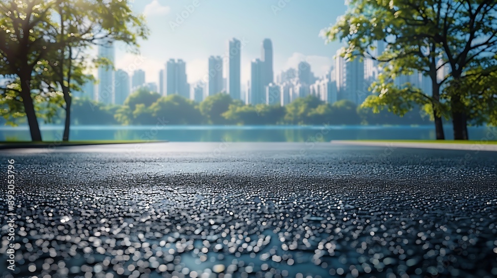 Obraz premium Asphalt road platform and lake with city skyline background : Generative AI