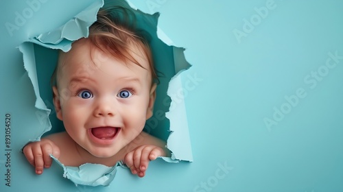 Happy baby in a hole on a paper blue background Torn child head studio background copy space Kid aged one year six months : Generative AI photo