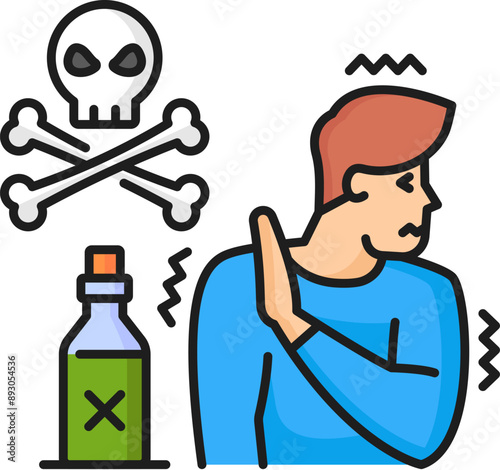 Human psychology problem, toxiphobia phobia, mental health outline color icon. Mental disorder, people psychology or phobia linear vector pictogram. Poisoning fear line icon with man scared of poison