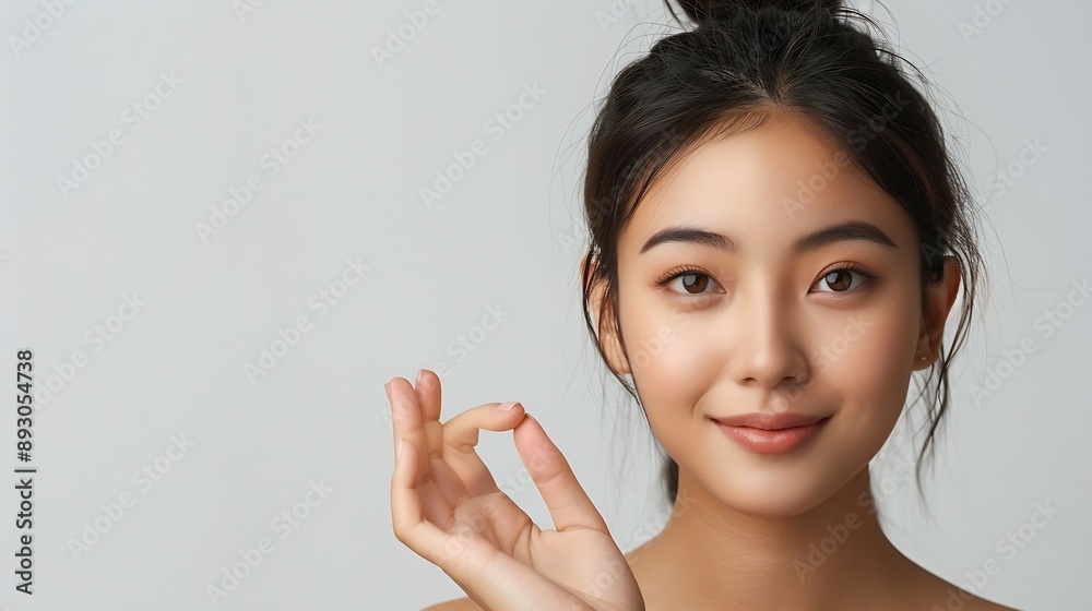 Happy young Asian woman presenting or showing open hand palm with copy space for product isolated on white background : Generative AI Happy young Asian woman presenting or showing open hand palm with copy space for product isolated on white background : Generative AI