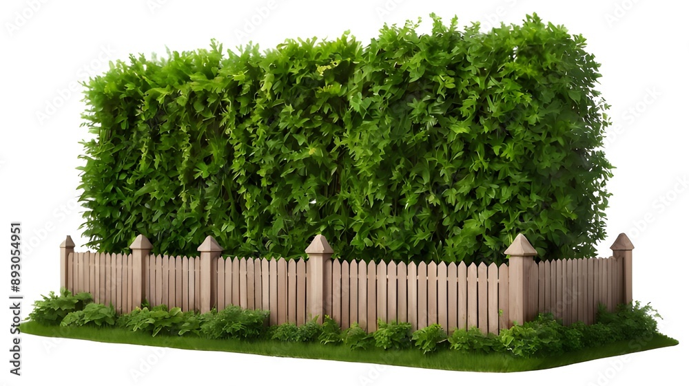Fototapeta premium Greenery shrubs fence group cut out transparent backgrounds 3d rendering png..