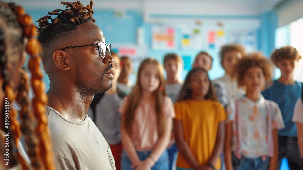 Obraz premium A diverse group of young people stand together on a blue floor as a male teacher instructs them in a bright classroom setting : Generative AI