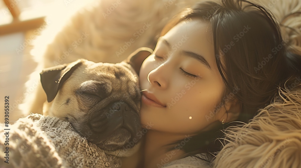 Peaceful asian Woman with eyes closed and Her Pug Dog Enjoying a Relaxing Moment Together on wooden floor and Soft Rug with Sunlight : Generative AI Peaceful asian Woman with eyes closed and Her Pug Dog Enjoying a Relaxing Moment Together on wooden floor and Soft Rug with Sunlight : Generative AI