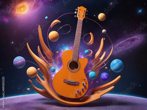 Abstract glow Art nouveau artistic image of orange wooden guitar in space, purple blue stars galaxy