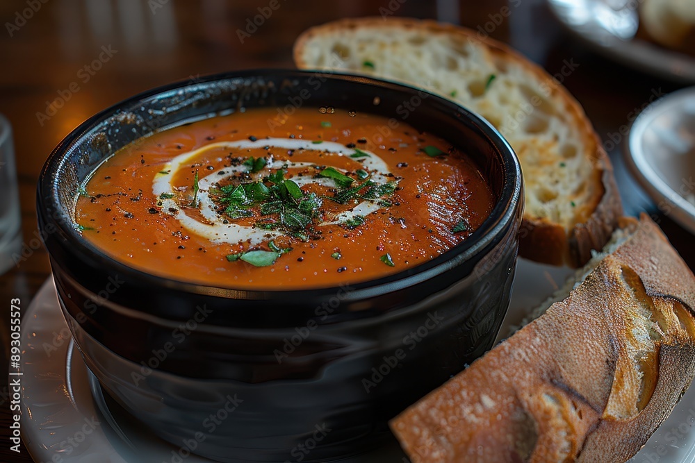 Comforting Tomato Basil Soup with Creamy Drizzle and Crusty Bread Comforting Tomato Basil Soup with Creamy Drizzle and Crusty Bread