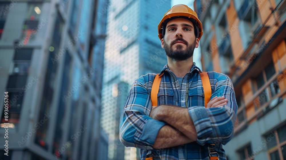Confident construction worker looking at the camera outdoors Midadult civil engineer standing with his arms crossed in the city Blue collar worker standing in front of high rise buildi : Generative AI Confident construction worker looking at the camera outdoors Midadult civil engineer standing with his arms crossed in the city Blue collar worker standing in front of high rise buildi : Generative AI