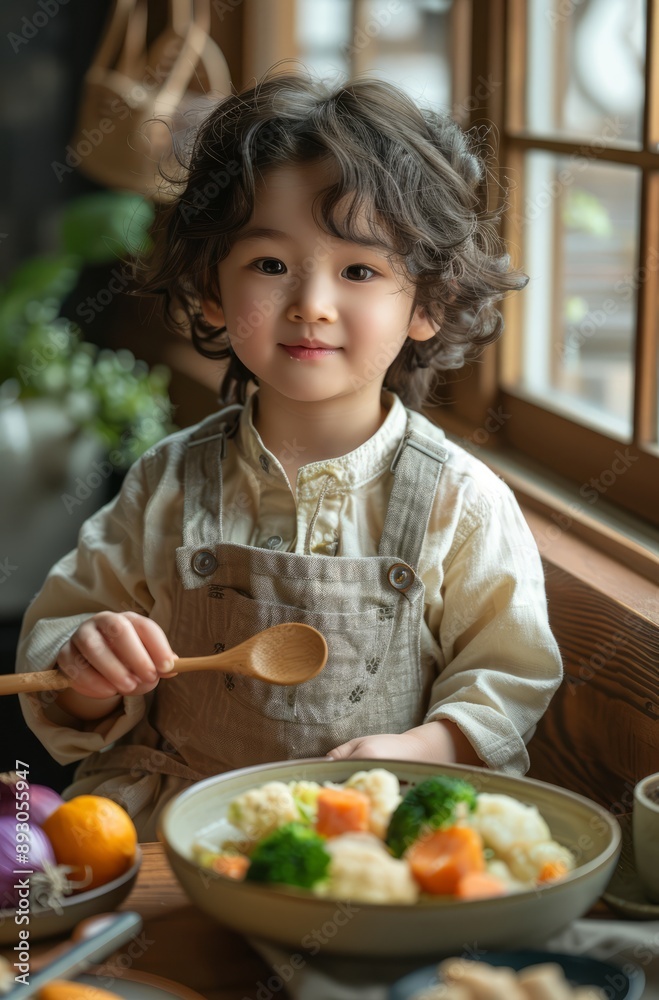 An Asian boy in overalls happily eats his food with a spoon at the dinner table An Asian boy in overalls happily eats his food with a spoon at the dinner table