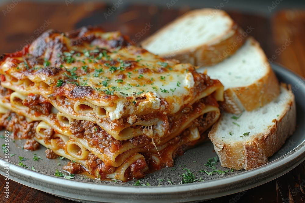 Delicious Homemade Lasagna with Garlic Bread on a Plate Delicious Homemade Lasagna with Garlic Bread on a Plate