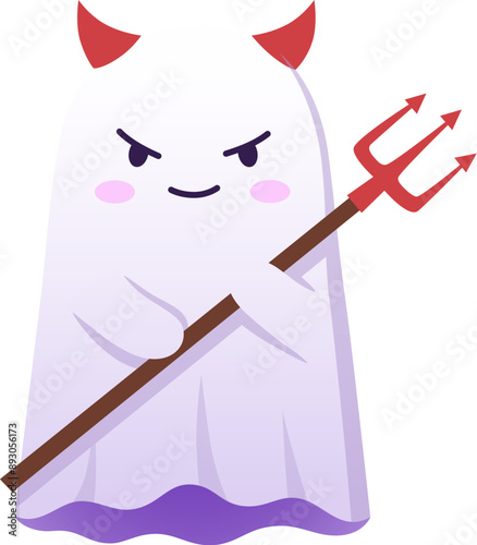 Halloween kawaii ghost character wearing red devil horns completed with pitchfork, for a whimsical party look. Cartoon cute vector baby spook combining funny elements for a charming and unique costume