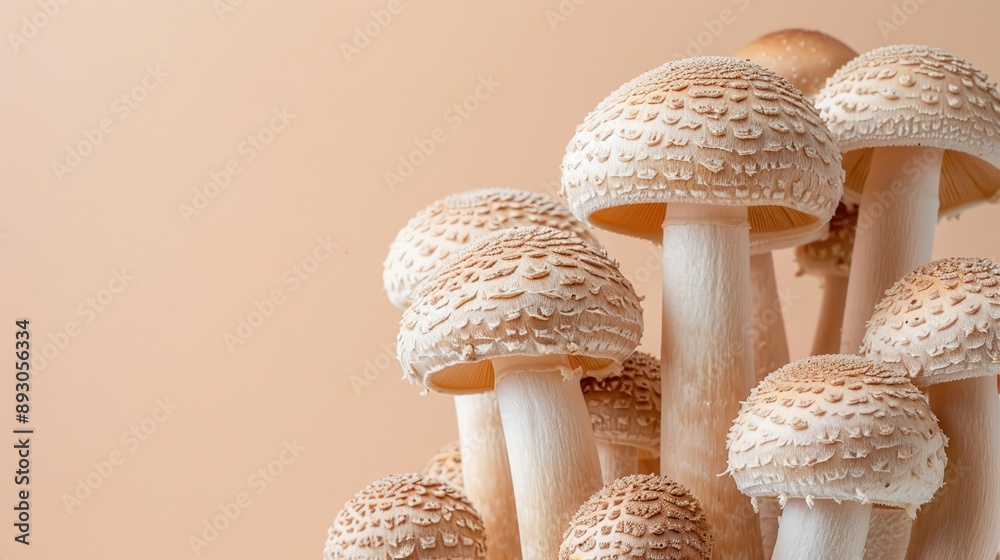 Close-up of Cluster of Mushrooms with Textured Caps on a Soft Beige Background, Perfect for Nature and Culinary Themes