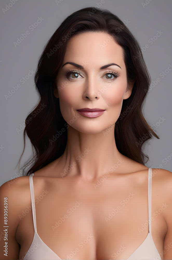 Cropped portrait of young woman shows result after breast augmentation. Cropped portrait of young woman shows result after breast augmentation.