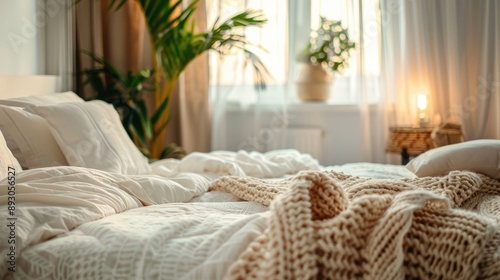 Cozy bedroom with white duvet and warm blanket
