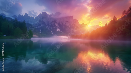 Calm morning view of Fusine lake. Colorful summer sunrise in Julian Alps with Mangart peak on background, Province of Udine, Italy, Europe. Beauty of nature concept background