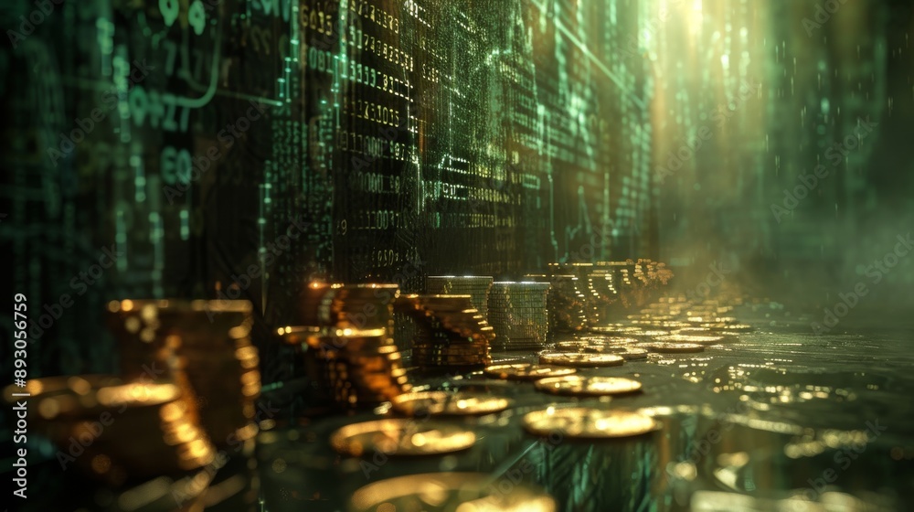 Naklejka premium A Row of Golden Coins Are in Front of a Wall of Computer Screens and Lights - Generative AI