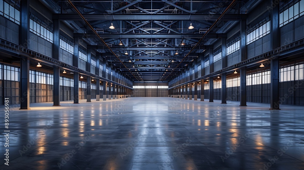 Obraz premium Industrial architecture Modern interior of huge empty storehouse New distribution warehouse with rack stack Metal construction : Generative AI