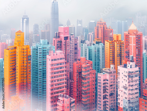 a vibrant cityscape with a multitude of tall buildings in HongKong, predominantly in shades of orange and pink.