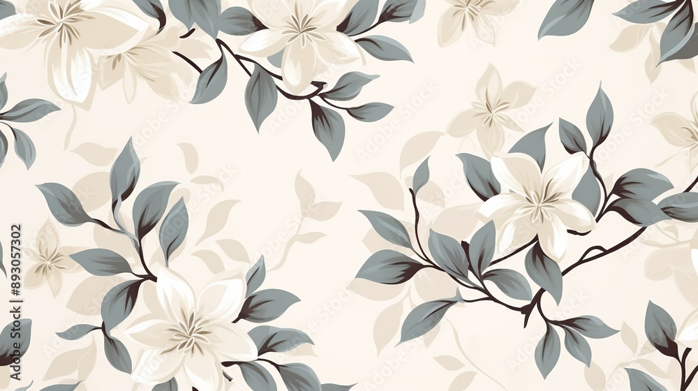 Obraz premium Floral Pattern with White Flowers and Green Leaves