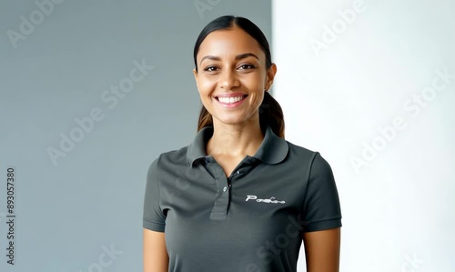 Lifestyle portrait video of a pleased woman in her 30s wearing a sporty polo shirt against a minimalist or empty room background