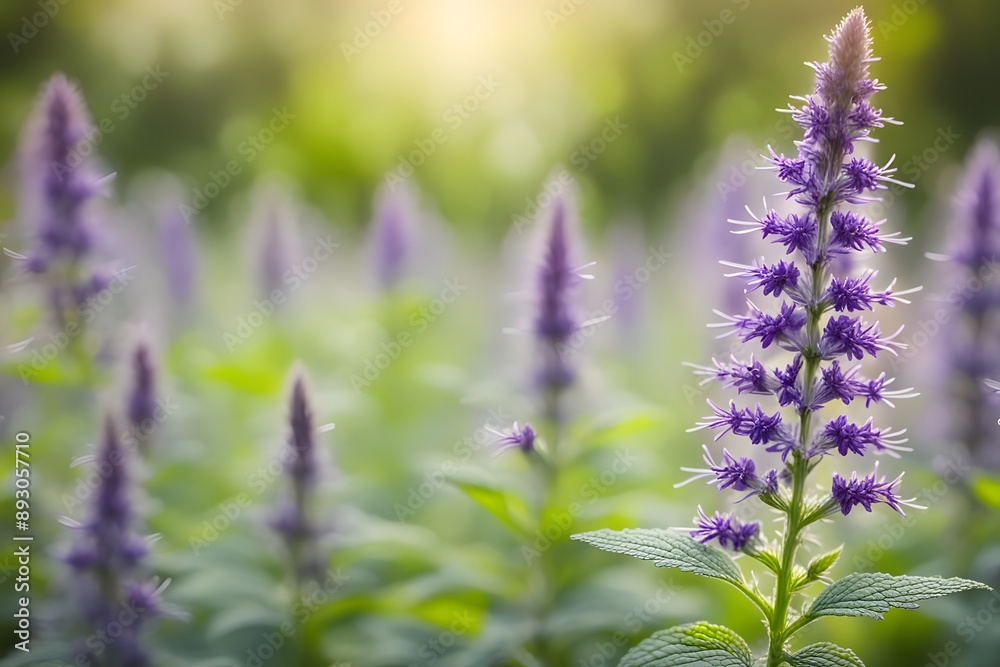 Obraz premium Anise hyssop field bokeh background, AI Generated