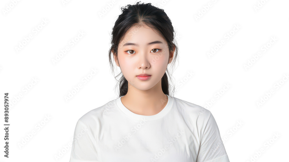 Half body portrait of a studious South Korean exchange student in her teens in a white T-shirt Half body portrait of a studious South Korean exchange student in her teens in a white T-shirt