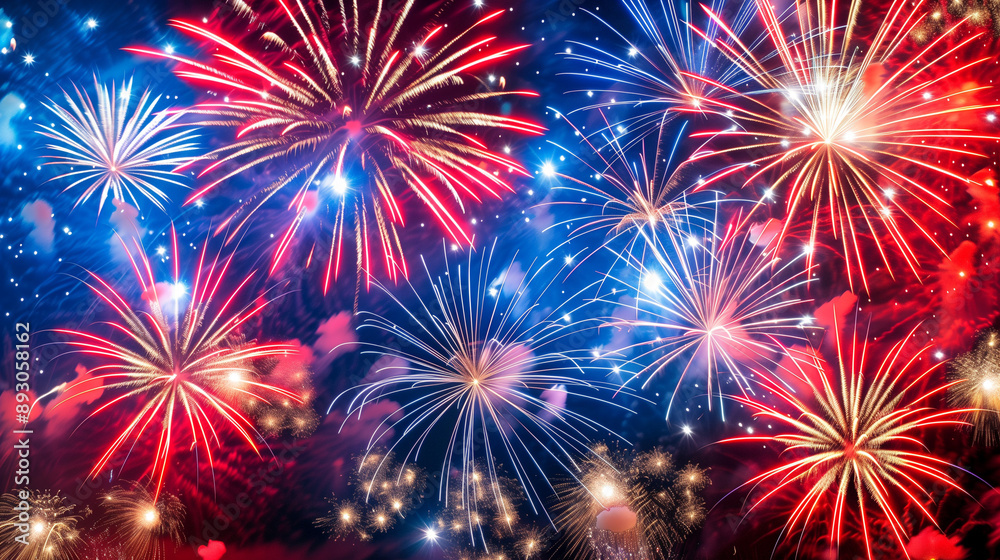 Fototapeta premium American Holiday Fireworks – Vibrant Red, White, and Blue Night Sky Celebrations for Labor Day, Fourth of July, Memorial Day