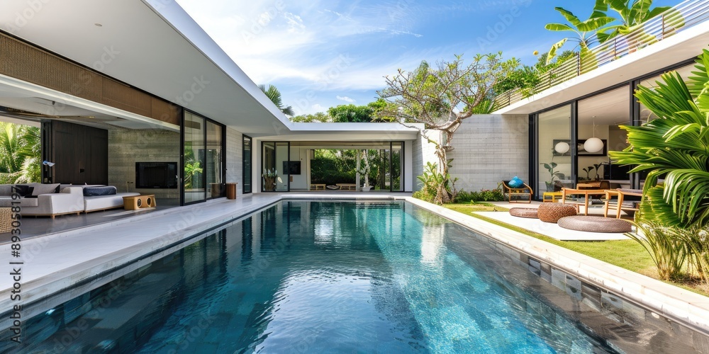 Fototapeta premium A minimalist modern villa surrounded by a lush garden and featuring a stylish pool, with clean lines and open spaces.