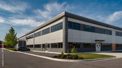 Exterior of a modern warehouse with a small office unit. © Mudassir