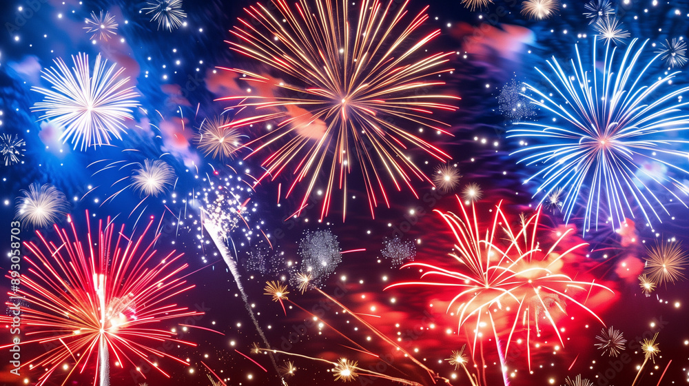 Fototapeta premium American Holiday Fireworks – Vibrant Red, White, and Blue Night Sky Celebrations for Labor Day, Fourth of July, Memorial Day