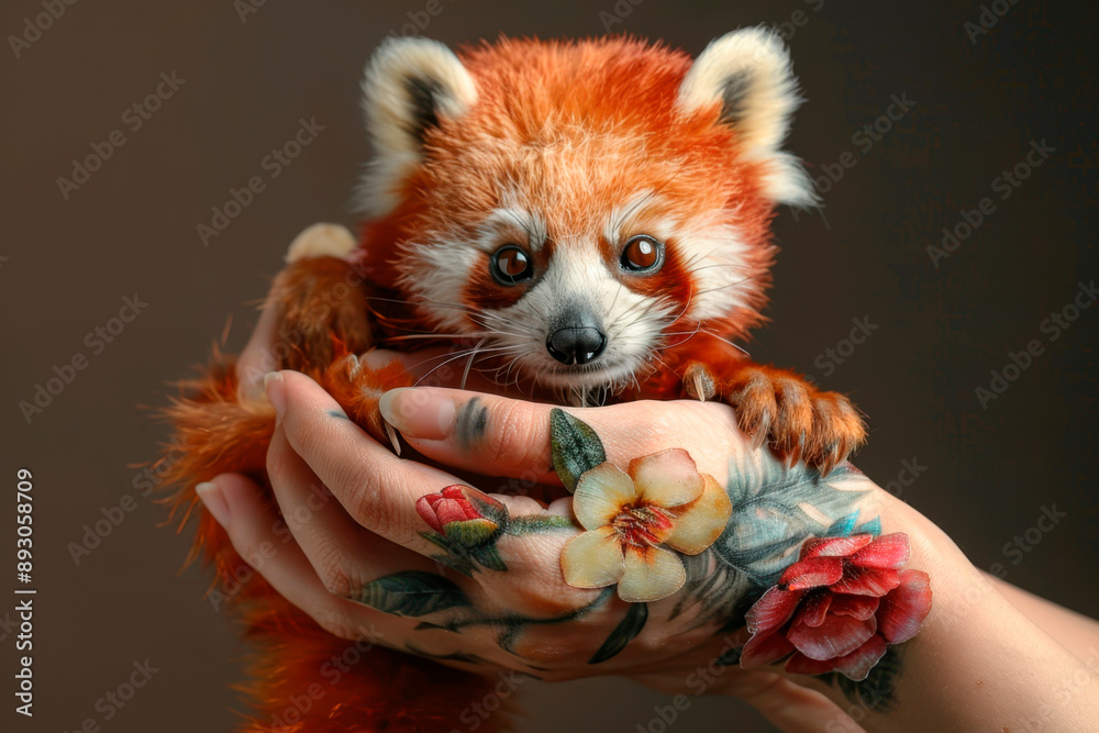 Cute red panda in the hands of a girl with flowers Cute red panda in the hands of a girl with flowers