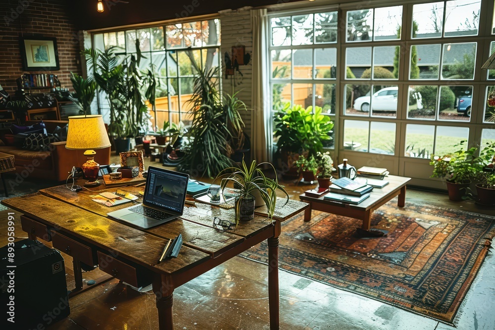 Cozy Home Office with Compact Desk, Laptop, and Tea Cup, Decorated with Potted Plants and Personal Items for Remote Work and Relaxation Cozy Home Office with Compact Desk, Laptop, and Tea Cup, Decorated with Potted Plants and Personal Items for Remote Work and Relaxation
