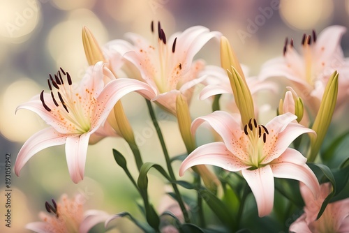 Belladonna lily flowers bokeh background, AI Generated