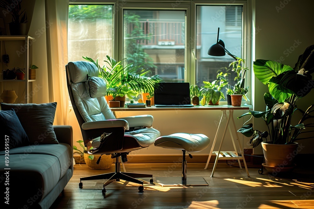 Serene Home Office with Natural Light, Neat Desk, and Plants for Productivity Serene Home Office with Natural Light, Neat Desk, and Plants for Productivity
